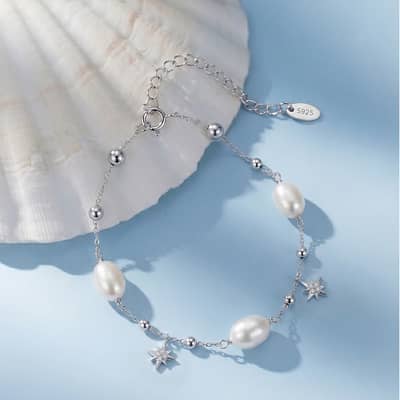 925 Sterling Silver Gold Plated Natural Freshwater Pearl Star Charm Adjustable Delicate Bracelet detail 2