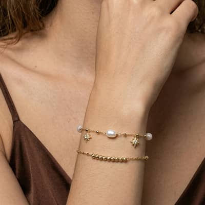 925 Sterling Silver Gold Plated Natural Freshwater Pearl Star Charm Adjustable Delicate Bracelet detail 4