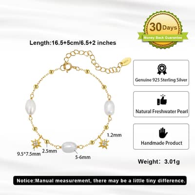 925 Sterling Silver Gold Plated Natural Freshwater Pearl Star Charm Adjustable Delicate Bracelet detail 5