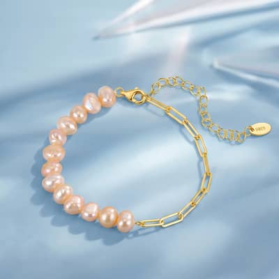 Sterling Silver Baroque Freshwater Pearl Bracelet Adjustable Half Pearl Half Paperclip Chain detail 1