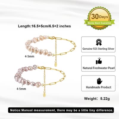 Sterling Silver Baroque Freshwater Pearl Bracelet Adjustable Half Pearl Half Paperclip Chain detail 5
