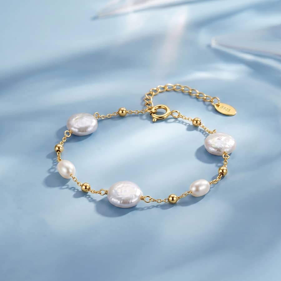 925 Sterling Silver Gold Plated Adjustable Irregularity Freshwater Pearl Chain Bracelet - main