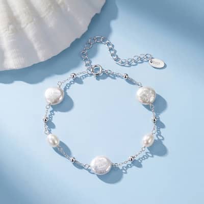 925 Sterling Silver Gold Plated Adjustable Irregularity Freshwater Pearl Chain Bracelet detail 2