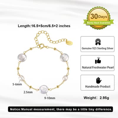 925 Sterling Silver Gold Plated Adjustable Irregularity Freshwater Pearl Chain Bracelet detail 5