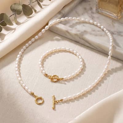Natural Freshwater Pearl Necklace and Bracelet Set, Stainless Steel Waterproof detail 1