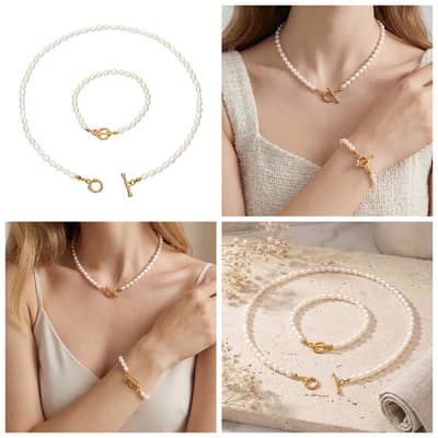 Natural Freshwater Pearl Necklace and Bracelet Set, Stainless Steel Waterproof detail 2