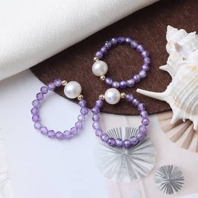 Minimalist Amethyst Freshwater Pearl Ring With Handmade Beads In 18K Gold Stainless Steel detail 1