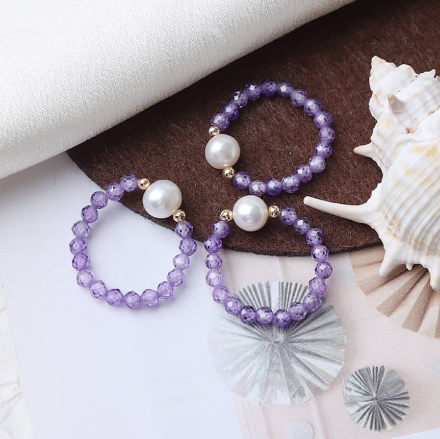 Minimalist Amethyst Freshwater Pearl Ring With Handmade Beads In 18K Gold Stainless Steel - main