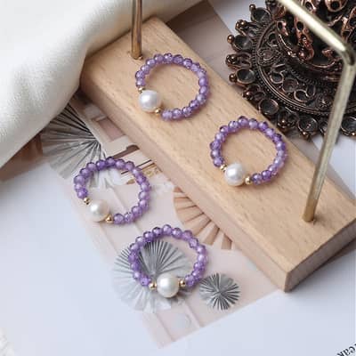 Minimalist Amethyst Freshwater Pearl Ring With Handmade Beads In 18K Gold Stainless Steel detail 2