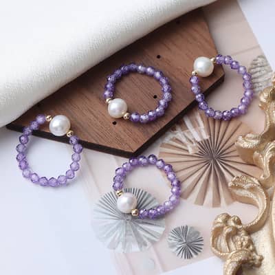Minimalist Amethyst Freshwater Pearl Ring With Handmade Beads In 18K Gold Stainless Steel detail 3