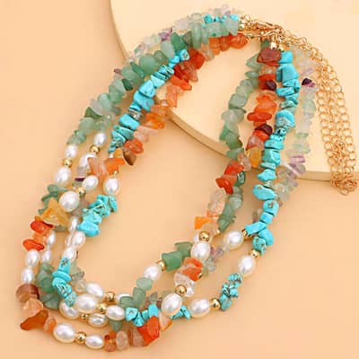 Natural Stone and Freshwater Pearl Handmade Beaded Necklace, Stainless Steel Waterproof detail 1