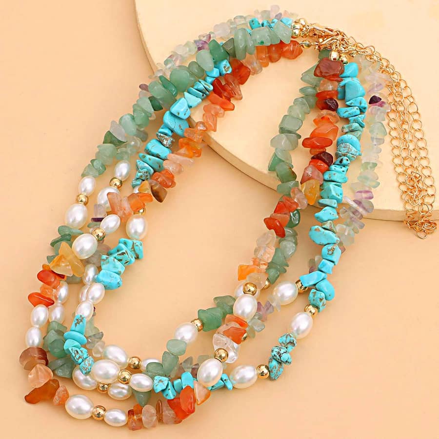 Natural Stone and Freshwater Pearl Handmade Beaded Necklace, Stainless Steel Waterproof - main
