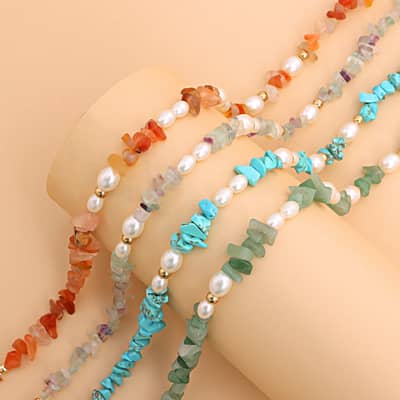 Natural Stone and Freshwater Pearl Handmade Beaded Necklace, Stainless Steel Waterproof detail 6