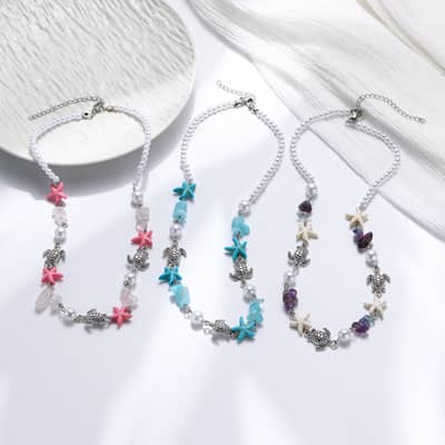 Summer Beach Handmade Pearl Natural Stone Chips Sealife Necklace Hawaii Fashion Sea Turtle Starfish Bracelet Jewelry detail 1