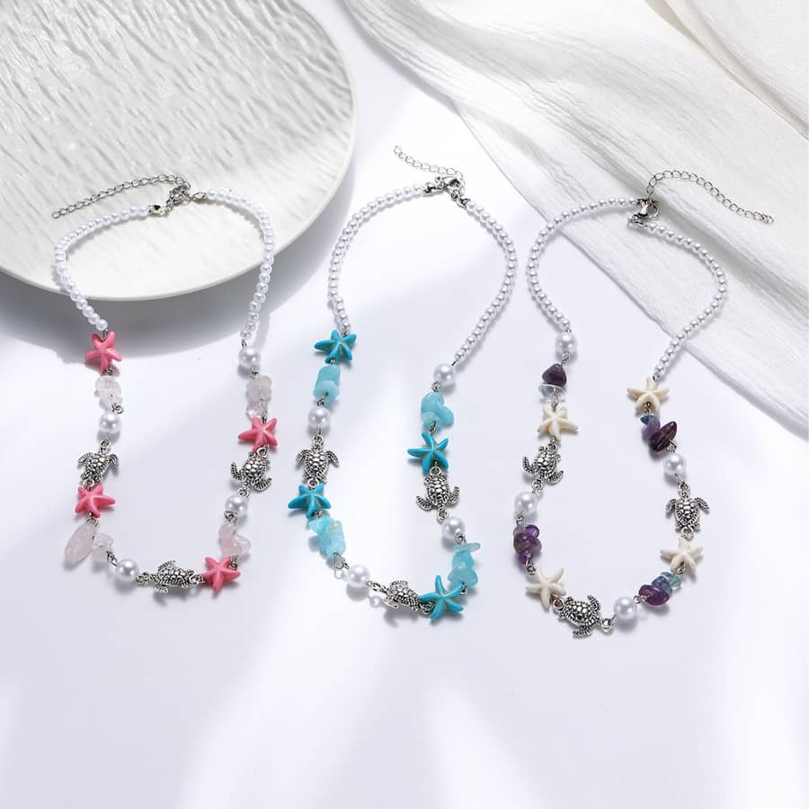 Summer Beach Handmade Pearl Natural Stone Chips Sealife Necklace Hawaii Fashion Sea Turtle Starfish Bracelet Jewelry - main