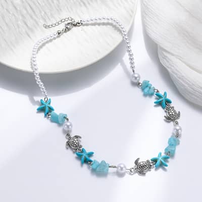 Summer Beach Handmade Pearl Natural Stone Chips Sealife Necklace Hawaii Fashion Sea Turtle Starfish Bracelet Jewelry detail 5