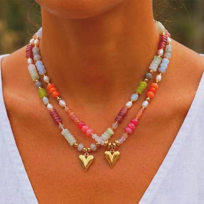 Natural Stone and Freshwater Pearl Necklace with Gold Heart Pendant, Stainless Steel detail 1