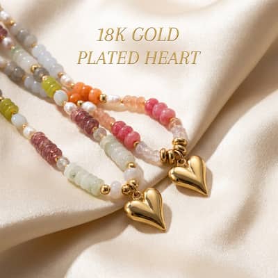 Natural Stone and Freshwater Pearl Necklace with Gold Heart Pendant, Stainless Steel detail 6
