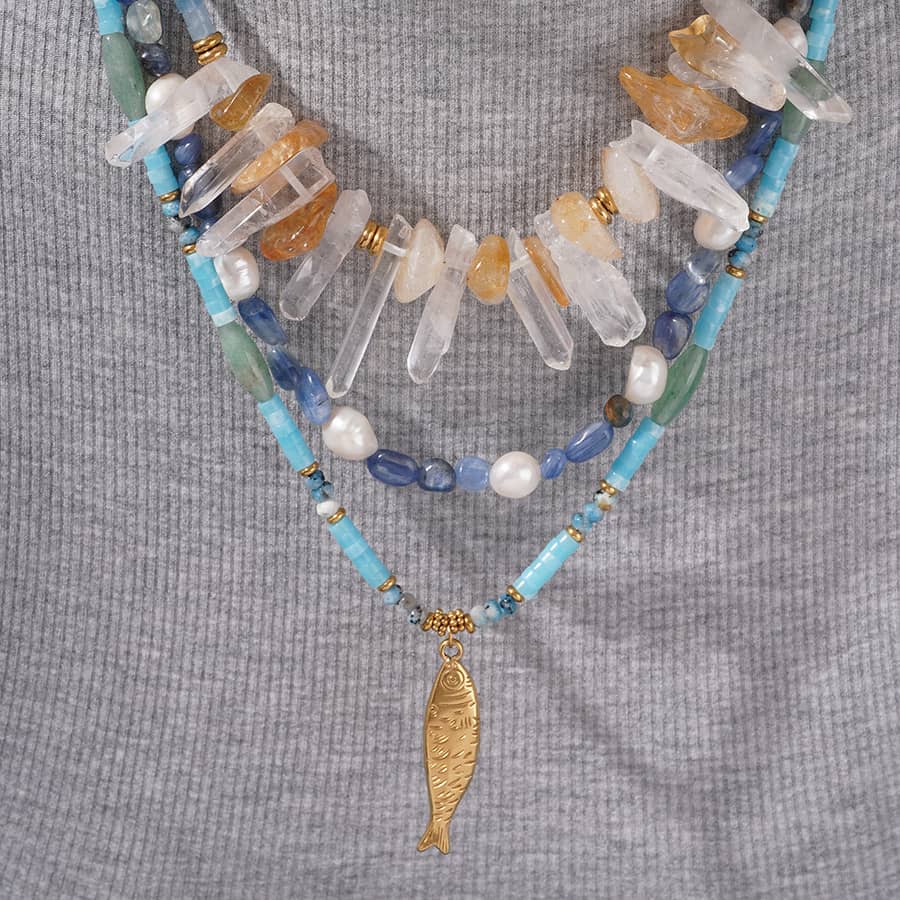 Natural Crystal and Freshwater Pearl Blue Gemstone Necklace, Gold Fish Pendant, Boho - main