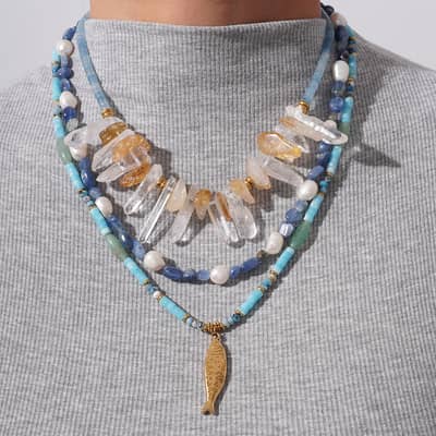 Natural Crystal and Freshwater Pearl Blue Gemstone Necklace, Gold Fish Pendant, Boho detail 2