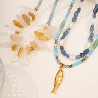 Natural Crystal and Freshwater Pearl Blue Gemstone Necklace, Gold Fish Pendant, Boho detail 3