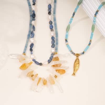 Natural Crystal and Freshwater Pearl Blue Gemstone Necklace, Gold Fish Pendant, Boho detail 4