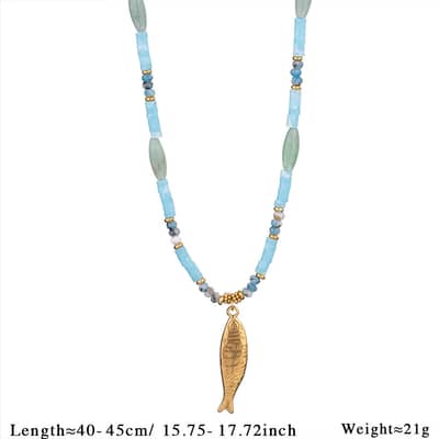Natural Crystal and Freshwater Pearl Blue Gemstone Necklace, Gold Fish Pendant, Boho detail 5