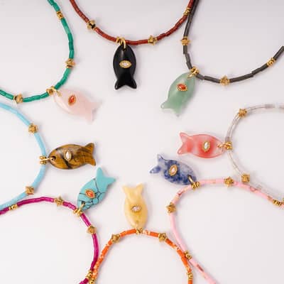 Natural Gemstone Fish Charm Necklace, Stainless Steel Waterproof detail 2
