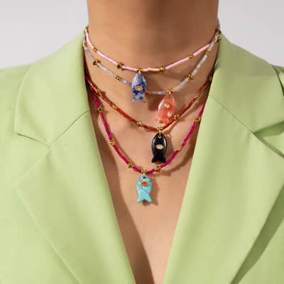 Natural Gemstone Fish Charm Necklace, Stainless Steel Waterproof detail 3