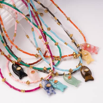 Natural Gemstone Fish Charm Necklace, Stainless Steel Waterproof detail 4