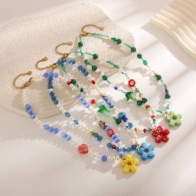 Natural Stone Mushroom Flower Charm Beaded Necklace, Stainless Steel detail 2