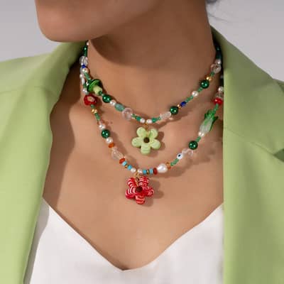 Natural Stone Mushroom Flower Charm Beaded Necklace, Stainless Steel detail 4