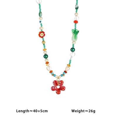 Natural Stone Mushroom Flower Charm Beaded Necklace, Stainless Steel detail 5