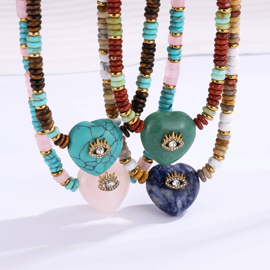 Natural Stone Heart Pendant Beaded Necklace, Stainless Steel, Boho - main