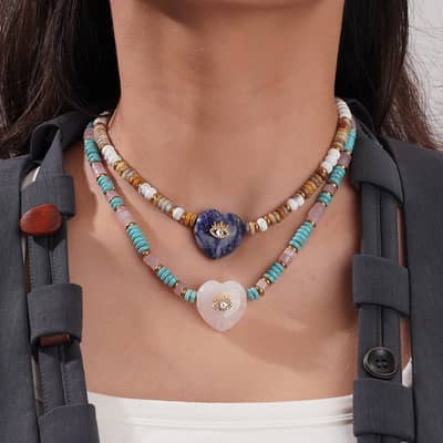 Natural Stone Heart Pendant Beaded Necklace, Stainless Steel, Boho detail 2