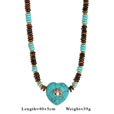 Natural Stone Heart Pendant Beaded Necklace, Stainless Steel, Boho detail 5