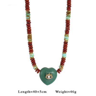 Natural Stone Heart Pendant Beaded Necklace, Stainless Steel, Boho detail 6