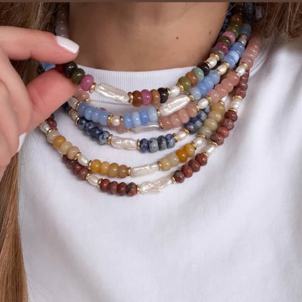 Bohemian Natural Stone and Freshwater Baroque Pearl Stackable Beaded Necklace - main