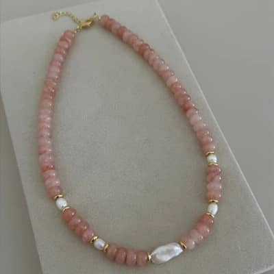 Bohemian Natural Stone and Freshwater Baroque Pearl Stackable Beaded Necklace detail 2