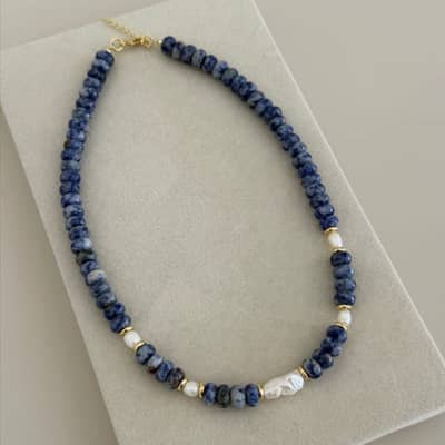 Bohemian Natural Stone and Freshwater Baroque Pearl Stackable Beaded Necklace detail 3