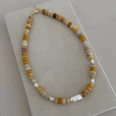 Bohemian Natural Stone and Freshwater Baroque Pearl Stackable Beaded Necklace detail 5