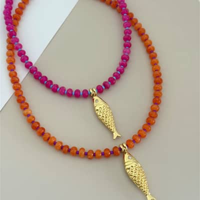 Colorful Gemstone Beaded Choker, 18K Gold Fish Charm, Ocean Style detail 1