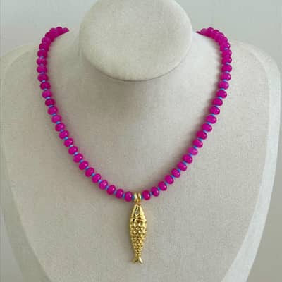 Colorful Gemstone Beaded Choker, 18K Gold Fish Charm, Ocean Style detail 2