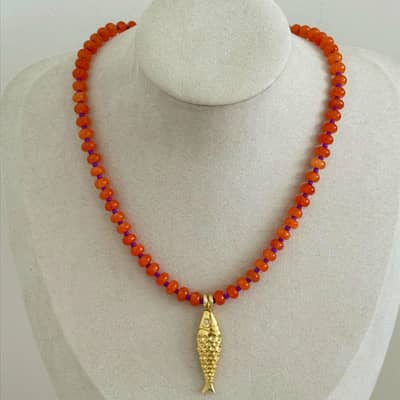 Colorful Gemstone Beaded Choker, 18K Gold Fish Charm, Ocean Style detail 3