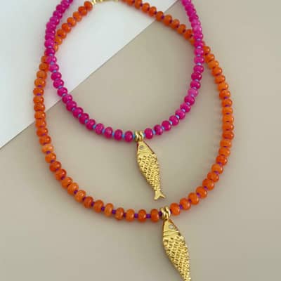 Colorful Gemstone Beaded Choker, 18K Gold Fish Charm, Ocean Style detail 4