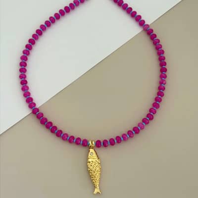 Colorful Gemstone Beaded Choker, 18K Gold Fish Charm, Ocean Style detail 5