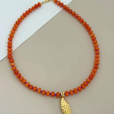 Colorful Gemstone Beaded Choker, 18K Gold Fish Charm, Ocean Style detail 6