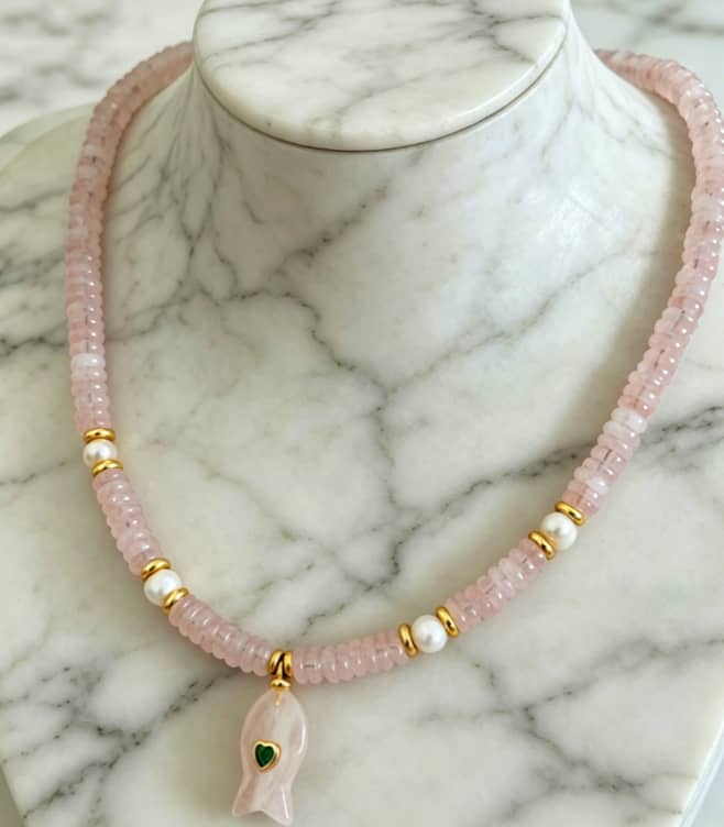 Natural Stone and Freshwater Pearl Fish Pendant Choker, 18K Gold, Boho - main