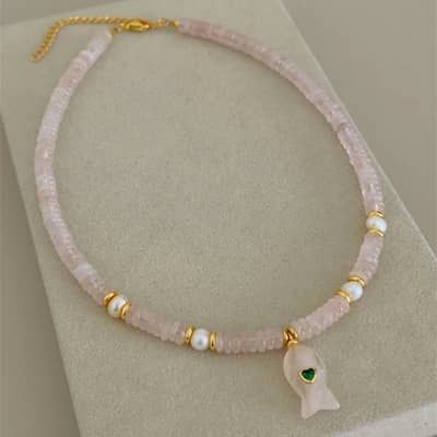 Natural Stone and Freshwater Pearl Fish Pendant Choker, 18K Gold, Boho detail 2