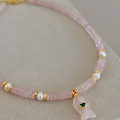 Natural Stone and Freshwater Pearl Fish Pendant Choker, 18K Gold, Boho detail 4